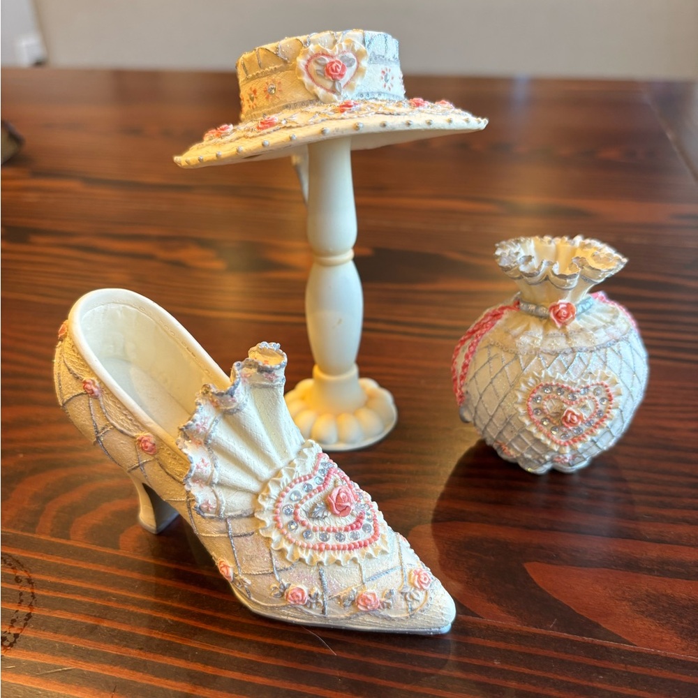 Matching Porcelain Shoe, Purse and Hat (with hat stand)
